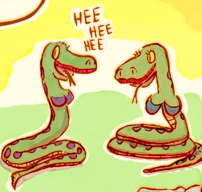 Cartoonish female snakes with eyelashes, lipstick and breast.