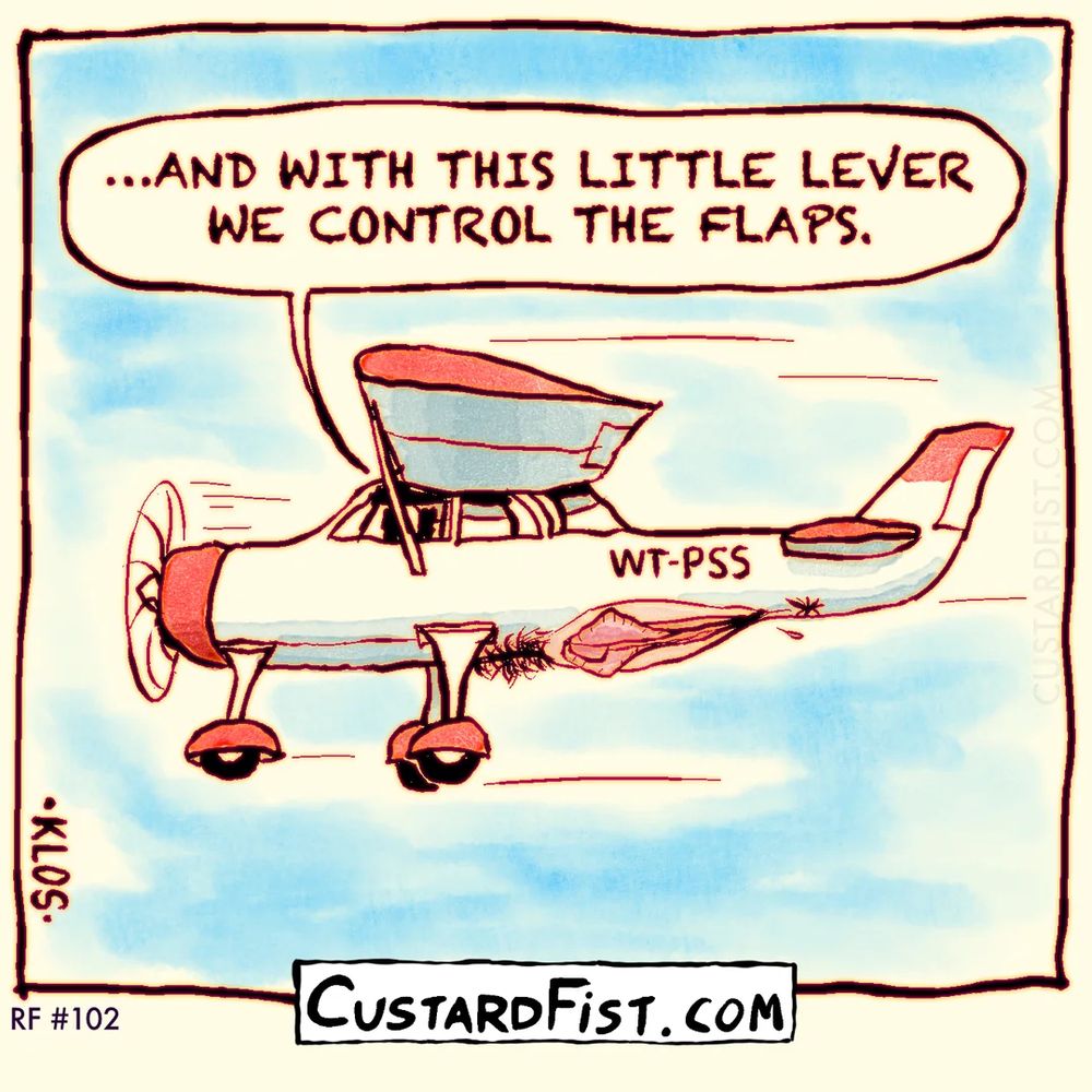 A small aeroplane is flying in the air.
Flight instructor: AND WITH THIS LITTLE LEVER, WE CONTROL THE FLAPS.
Near the rear of the plane there is a large vulva with two folds of the labia minora sticking out (the “flaps”).
