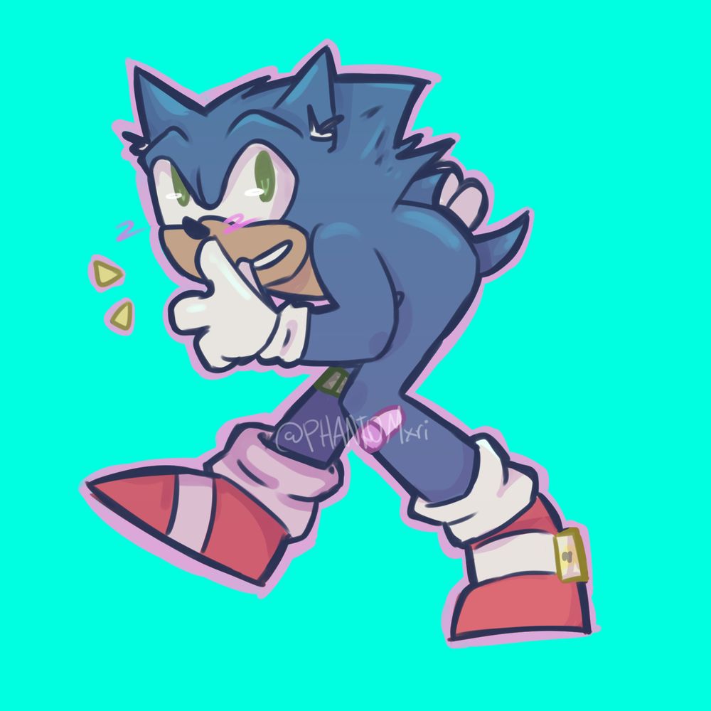 Sonic walking(?) throwing up a peace sign. He is slightly bent forward, he almost looks like he's sushing you(he's not)