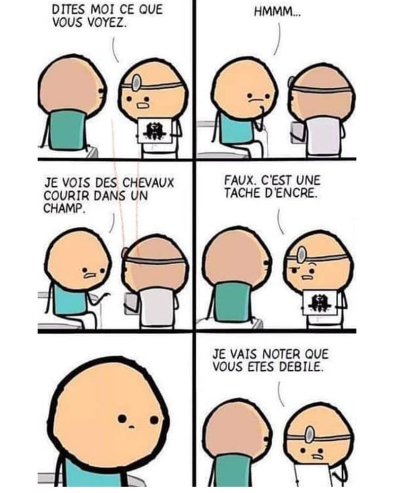Bd présentant un psychologue montrant une tache d’encre à un second personnage en lui demandant ce qu’il voit. Réponse : je vois des chevaux courir dans un champ. Faux répond le psychologue: c’est une tache d’encre. Il ajoute: je vais noter que vous êtes débile.