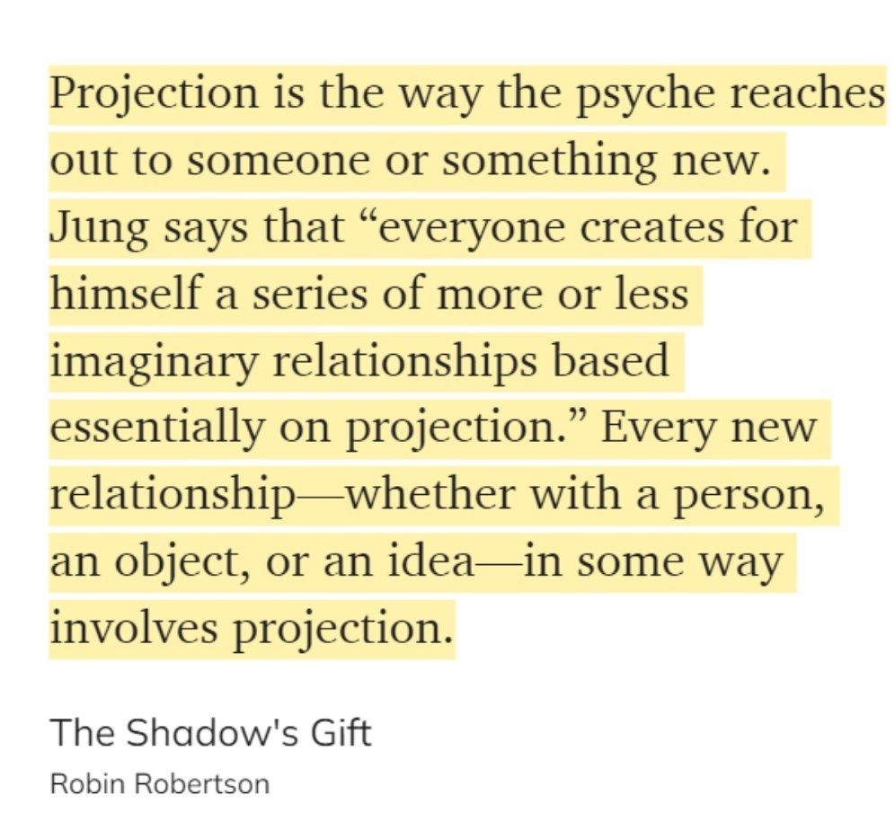 Projection is the way the psyche reaches out to someone or something new. Jung says that “everyone creates for himself a series of more or less imaginary relationships based essentially on projection.” Every new relationship—whether with a person, an object, or an idea—in some way involves projection.The Shadow’s GiftRobin Robertson
