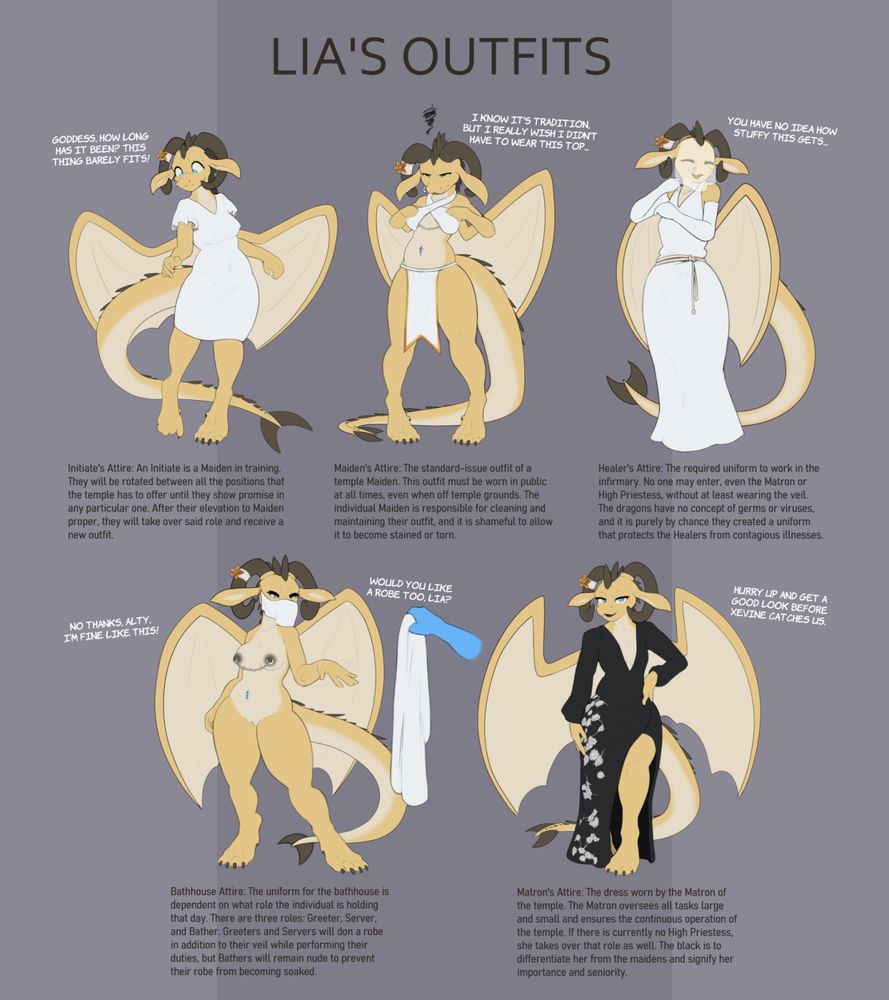 An anthro female dragon tries on various outfits