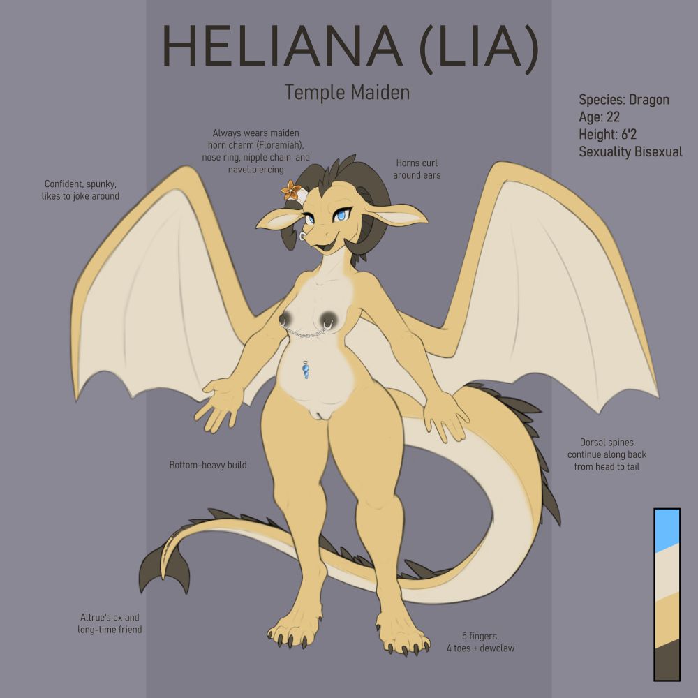 A nude, yellow, anthro female dragon model sheet