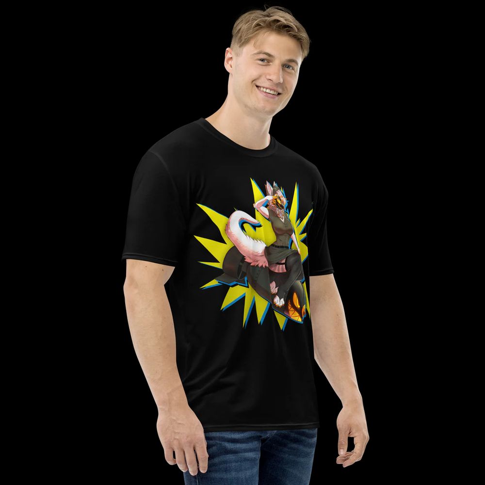 man wearing a juno themed t-shirt but standing slightly sideways and looking longingly into the camera