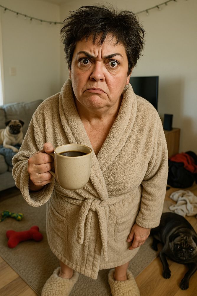 Middle aged angry lady in a robe and mug of coffee.