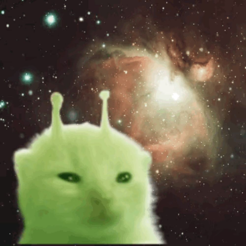 a green cat with a galaxy in the background looks at the camera