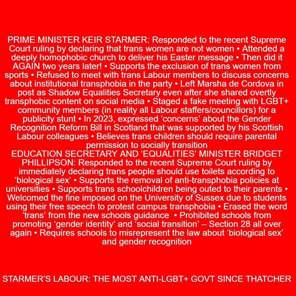 Prime Minister Keir Starmer: Responded to the recent Supreme Court ruling by declaring that trans women are not women • Attended a deeply homophobic church to deliver his Easter message • Then did it AGAIN two years later! • Supports the exclusion of trans women from sports • Refused to meet with trans Labour members to discuss concerns about institutional transphobia in the party • Left Marsha de Cordova in post as Shadow Equalities Secretary even after she shared overtly transphobic content on social media • Staged a fake meeting with LGBT+ community members (in reality all Labour staffers/councillors) for a publicity stunt • In 2023, expressed ‘concerns’ about the Gender Recognition Reform Bill in Scotland that was supported by his Scottish Labour colleagues • Believes trans children should require parental permission to socially transition Education Secretary and ‘Equalities’ Minister Bridget Phillipson: Responded to the recent Supreme Court ruling by immediately declaring trans people should use toilets according to ‘biological sex’ • Supports the removal of anti-transphobia policies at universities • Supports trans schoolchildren being outed to their parents • Welcomed the fine imposed on the University of Sussex due to students using their free speech to protest campus transphobia • Erased the word ‘trans’ from the new schools guidance  • Prohibited schools from promoting ‘gender identity’ and ‘social transition’ – Section 28 all over again • Requires schools to misrepresent the law about ‘biological sex’ and gender recognition

STARMER’S LABOUR: THE MOST ANTI-LGBT+ GOVT SINCE THATCHER