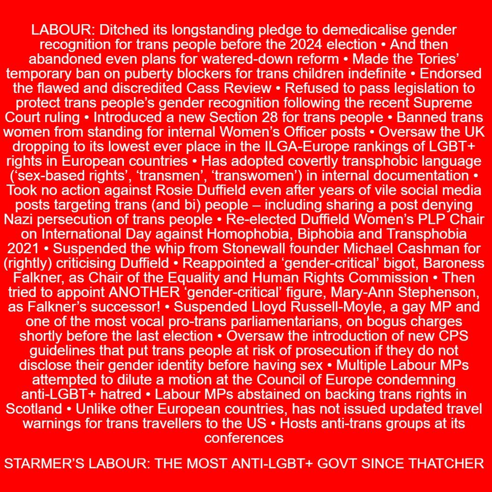 Labour: Ditched its longstanding pledge to demedicalise gender recognition for trans people before the 2024 election • And then abandoned even plans for watered-down reform • Made the Tories’ temporary ban on puberty blockers for trans children indefinite • Endorsed the flawed and discredited Cass Review • Refused to pass legislation to protect trans people’s gender recognition following the recent Supreme Court ruling • Introduced a new Section 28 for trans people • Banned trans women from standing for internal Women’s Officer posts • Oversaw the UK dropping to its lowest ever place in the ILGA-Europe rankings of LGBT+ rights in European countries • Has adopted covertly transphobic language (‘sex-based rights’, ‘transmen’, ‘transwomen’) in internal documentation • Took no action against Rosie Duffield even after years of vile social media posts targeting trans (and bi) people – including sharing a post denying Nazi persecution of trans people • Re-elected Duffield Women’s PLP Chair on International Day against Homophobia, Biphobia and Transphobia 2021 • Suspended the whip from Stonewall founder Michael Cashman for (rightly) criticising Duffield • Reappointed a ‘gender-critical’ bigot, Baroness Falkner, as Chair of the Equality and Human Rights Commission • Then tried to appoint ANOTHER ‘gender-critical’ figure, Mary-Ann Stephenson, as Falkner’s successor! • Suspended Lloyd Russell-Moyle, a gay MP and one of the most vocal pro-trans parliamentarians, on bogus charges shortly before the last election • Oversaw the introduction of new CPS guidelines that put trans people at risk of prosecution if they do not disclose their gender identity before having sex • Multiple Labour MPs attempted to dilute a motion at the Council of Europe condemning anti-LGBT+ hatred • Labour MPs abstained on backing trans rights in Scotland • Unlike other European countries, has not issued updated travel warnings for trans travellers to the US • Hosts anti-trans groups at its conferences