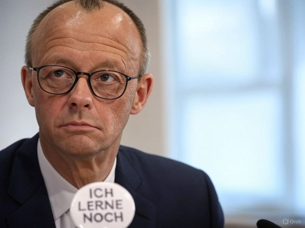 Das Foto zeigt Friedrich Merz und einen Butto "Ich lerne noch".