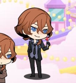 Chuuya in the video game Bungou Stray Dogs: Tales of Lost, with a skin from a party with a wine, and he's really happy with it :)