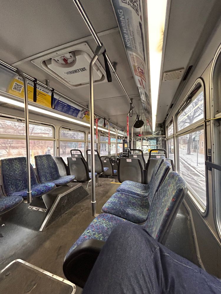 Inside view of a Gillig 40-foot diesel bus with seats by American Seating