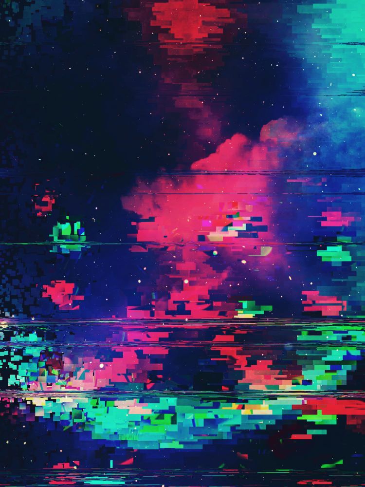 image depicts a disported space with various colours and glitching effects 