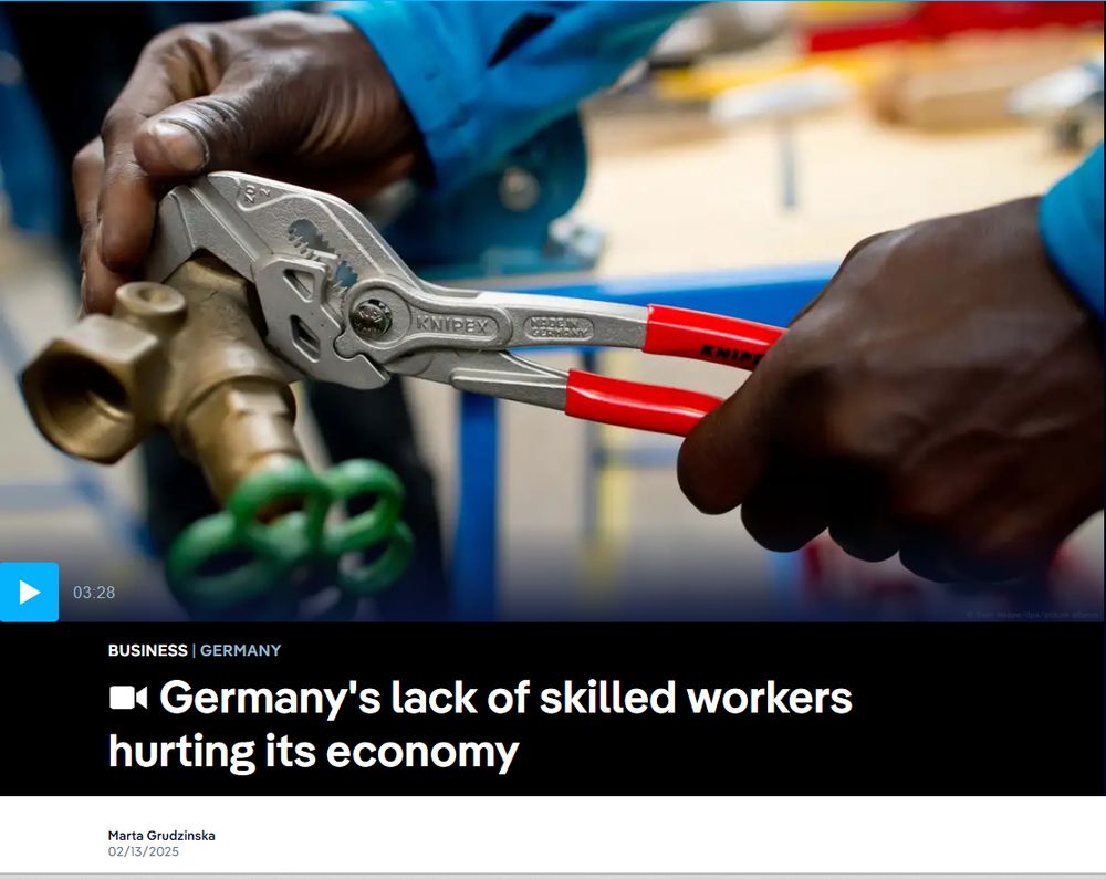 Stock photo by Sven Hoppe/dpa/picture alliance showing a the hands of a black man using a spotless Knipex "Made in Germany" wrench to twist a brass pipe faucet fitting. Blue collar work clothes visible, blurred factory background. (Not clear that the wrench is being used to perform any useful task, however). Used as thumbnail for link to video on "Germany's lack of skilled workers hurting its economy"