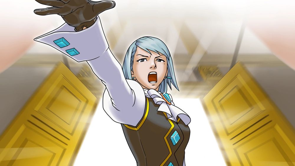 franziska von karma coming through the doors in de killers trial to save the day
