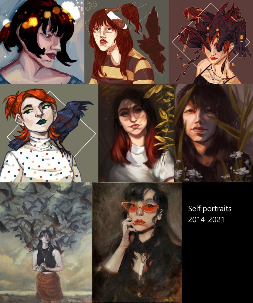 Various portraits done digitally and in oils of a white woman. The text in the bottom right reads "Self portraits 2014-2021"