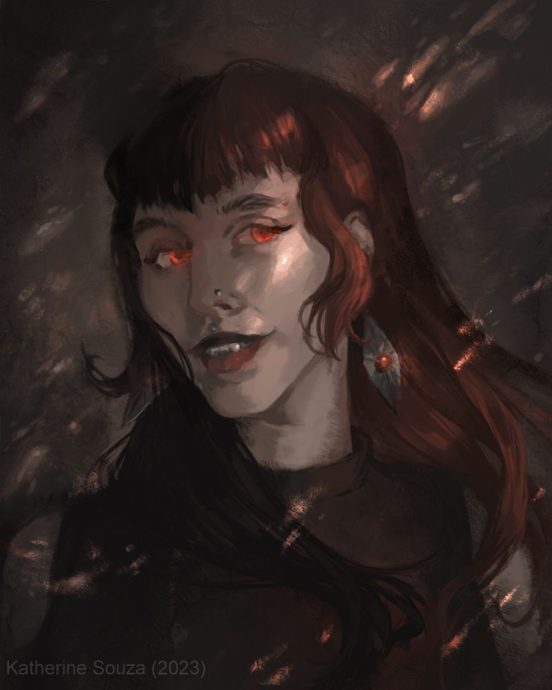 A digital painting of a white woman with glowing red eyes and vampire fangs