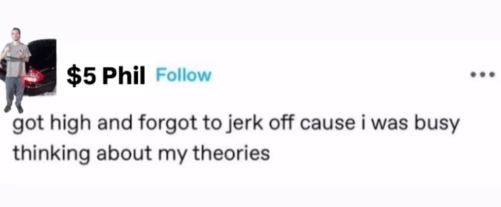 Social media post with text that reads "got high and forgot to jerk off cause I was busy thinking about my theories".