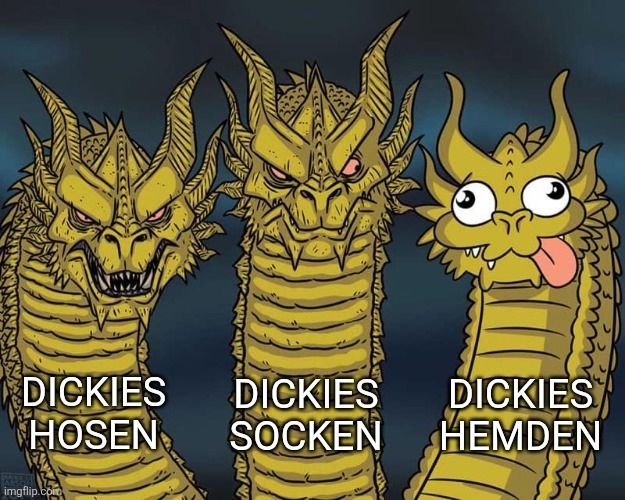 drei gezeichnete drachenköpfe mit hals erster schaut bedrohlich. text darunter: "dickies hemden". zweiter etwas weniger bedrohlich. text darunter: "dickies socken". dritter schaut albern drein.  text darunter: "dickies hemden"