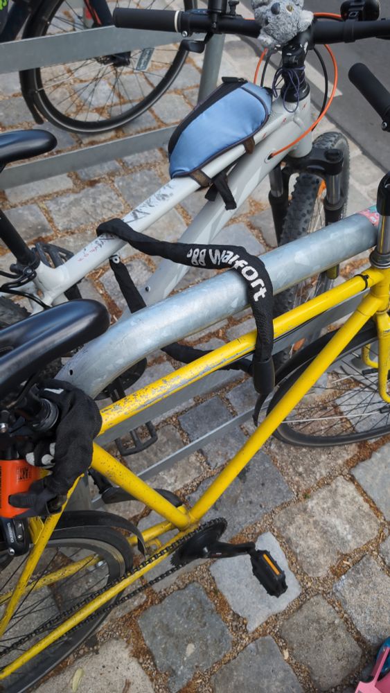 ein foto von zwei rädern in der mitte ein radbügel zum absperren. es ist ein fahrradschloss durch beide räder und den bügel, sodass beide räder mit einem schloss versperrt sind