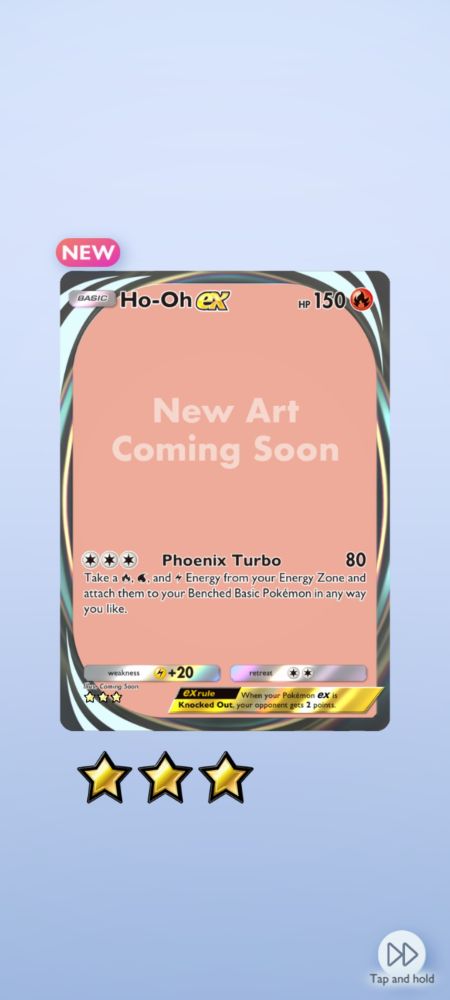 Screenshot of a recent Pokémon TCGP pull. The secret rare Ho-oh EX card was pulled, but there is no art on the card and the text "New Art Coming Soon" is in its place.