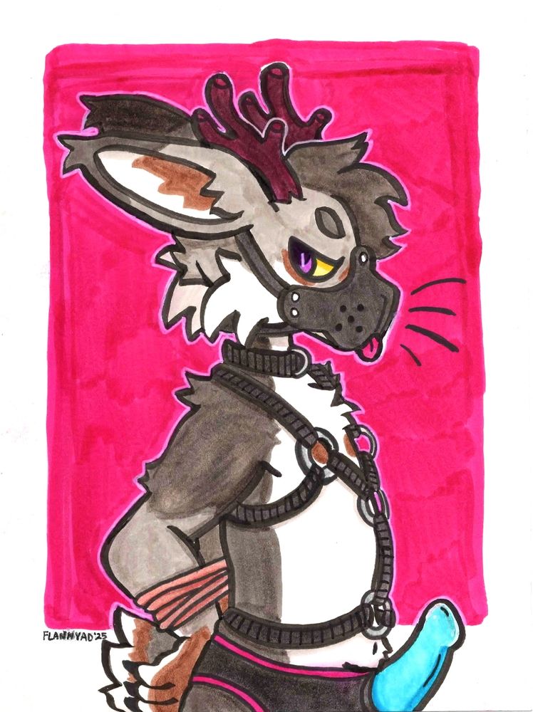Traditional marker drawing of Pakora (he/they), a brown/grey jackalope with brownish-red antlers and pink eyes, tied by the arms in front of a red backdrop. He's wearing a black pup play muzzle with a black collar, harness, and briefs; the briefs have an O-ring that's equipped with a neon-blue dildo, and it's glistening a little bit.
The official title of this piece will be "Fetish-Geared Jackalope" at the Art Show.