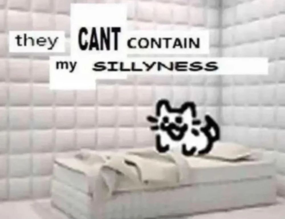Cartoon cat in a padded cell with the caption "they can't contain my sillyness"