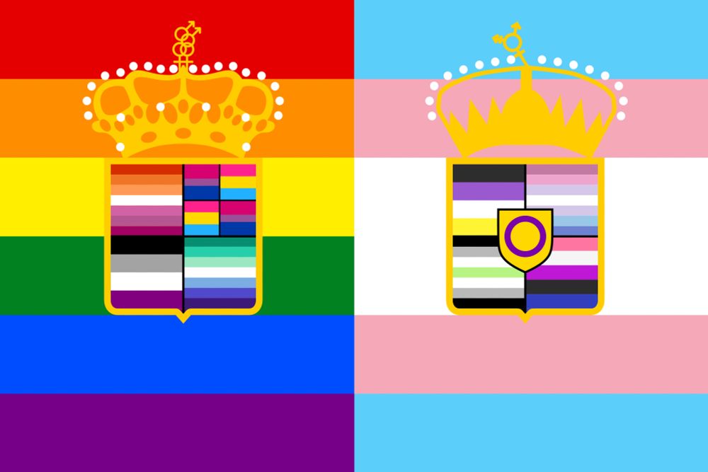 flag of austria-hungary, but the left side is a rainbow flag and the right side is a trans flag. Inside the crests there are various lgbt flags. The top of the crowns have trans and gay symbols.