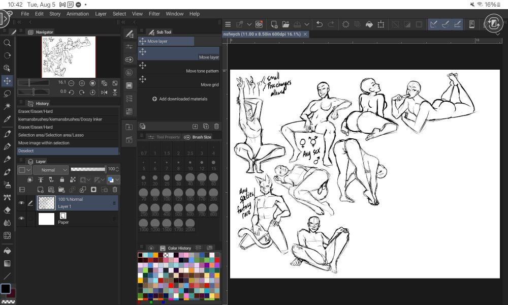 A screen shot of clip studio paint on a tablet with sketches of various sexy poses on the canvas