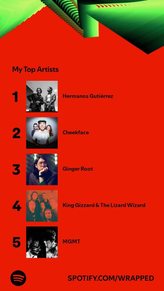 Spotify Wrapped showcasing my top 5 artists of 2024.
1. Hermanos Gutiérrez 
2. Cheekface
3. Ginger Root
4. King Gizzard and the Lizard Wizard
5. MGMT