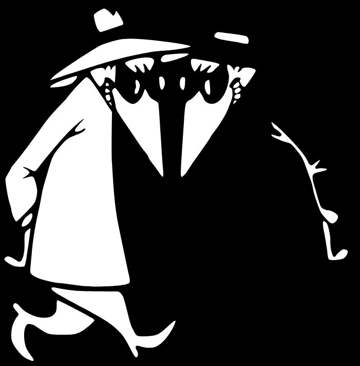 Line drawing of the black and white Spy vs Spy characters facing each other head to head with their hands behind their backs  from MAD magazine 
