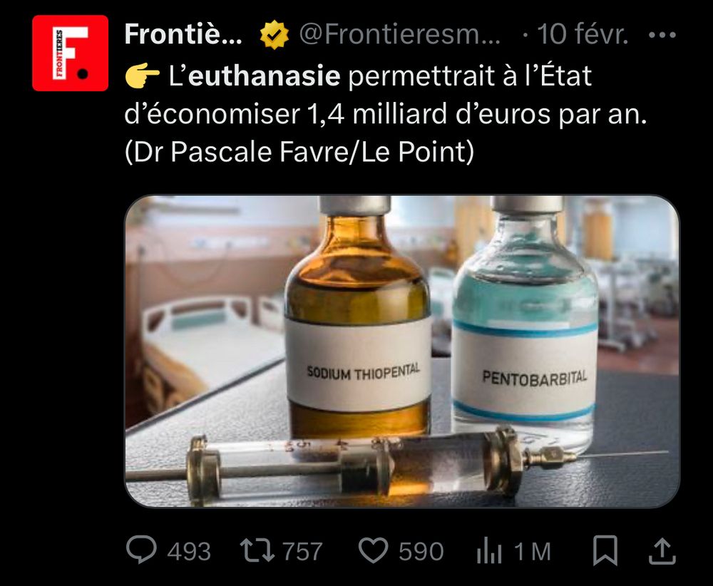 Tweet du média d’extrême droite frontière pour faire la promotion d’un article qui a pour titre « l’euthanasie permettrait à l’état d’économiser 1,4 milliards d’euros par an. » 