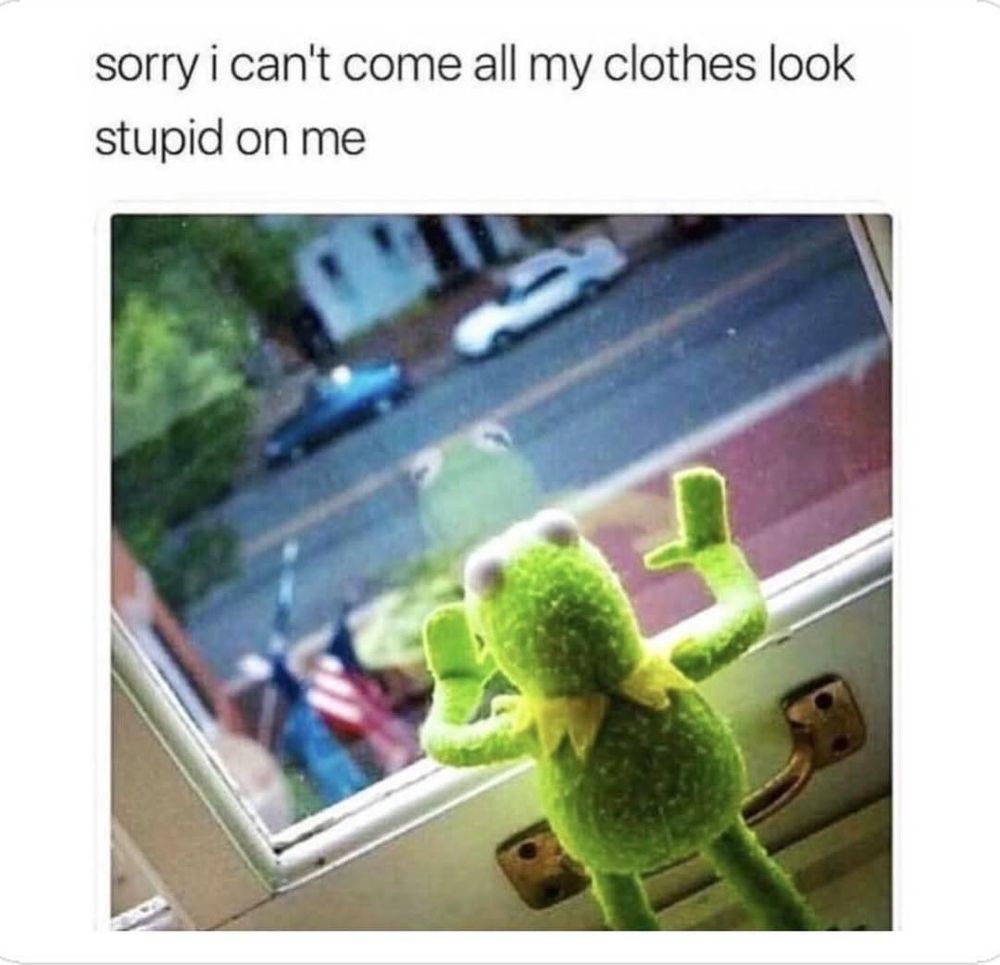 This image is a humorous meme featuring a bright green Kermit the Frog puppet pressed against a window. The puppet appears to be looking outside at a street scene with cars visible below. Above the image is text that reads "sorry i can't come all my clothes look stupid on me" - suggesting the character is declining an invitation because of clothing insecurities. The puppet's reflection can be seen in the window glass, and its limbs are splayed out against the window pane in a comical pose. The image captures a relatable feeling of not wanting to go out due to dissatisfaction with one's appearance, presented in a lighthearted way using the popular Muppet character.