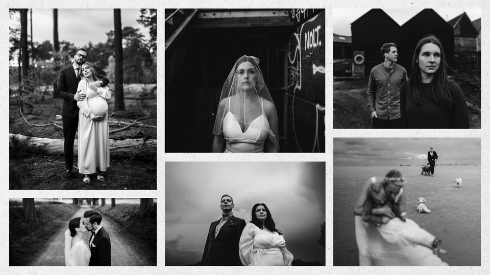 This black-and-white wedding photography collage showcases the work of Hamburg-based wedding photographer Sturmsucht. It captures raw, intimate, and unconventional wedding moments, far from traditional, posed wedding photography. 

Top left: A groom in a suit embraces his pregnant bride in a long, flowing dress. They stand in a forest, with fallen tree trunks in the background. She cradles her belly while he holds her protectively.

Top center: A bride with a sheer veil stands in a dark, urban setting with graffiti-covered walls. She gazes into the camera with a serious, confident expression.

Top right: A couple stands in front of dark, industrial-looking buildings. The bride looks to the left with a thoughtful expression, while the groom behind her faces another direction.

Bottom left: A newlywed couple stands on a rural, tree-lined path, sharing a kiss. The bride wears a simple yet elegant wedding dress, and the groom is dressed in a suit.

Bottom center: A couple stands beneath a dramatically cloudy sky. Both have serious, almost defiant expressions as they stare into the camera. The bride wears a light, flowing white dress, while the groom dons a dark suit with a patterned vest.

Bottom right: A wild and joyful wedding scene on a beach. A bride runs with a child in her arms, her dress flowing in the wind. Two small dogs leap around playfully, while a groom in a suit follows in the background, pulling a cart.