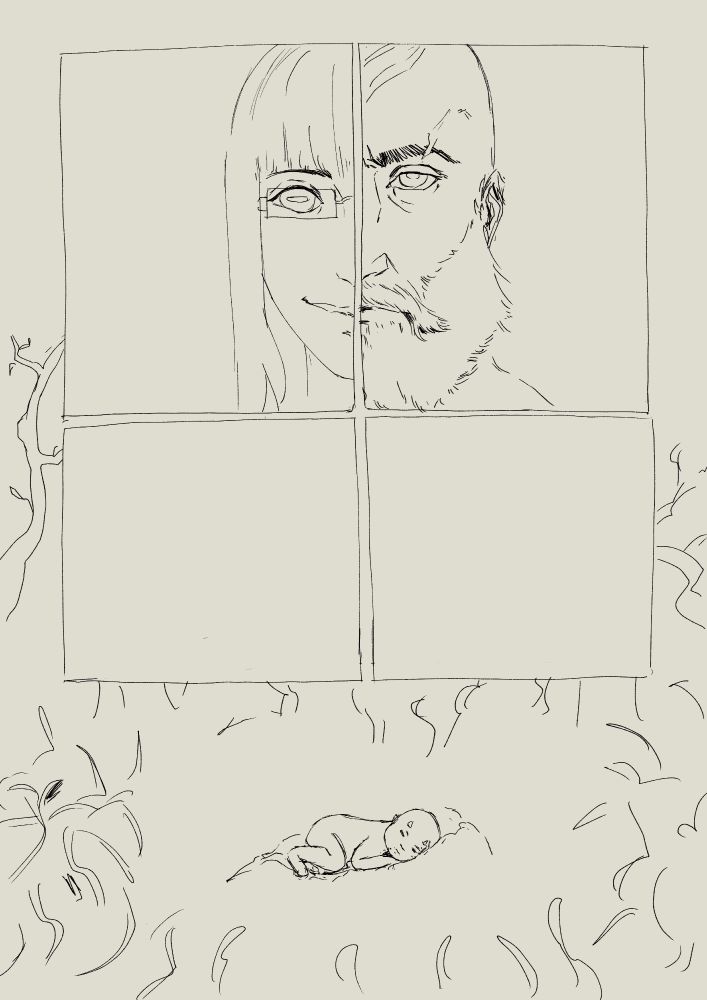 A page with 2 rows of 2 panels that take up two thirds of the page.
the first 2 panels each have half a face and they are lined up to make a split screen effect. The first face is a woman with bangs, long straight hair, rectangular glasses and her pupil is shaped like a goat's. The second face is a bald man with a big beard and mustache.

The last third of the page has no panels but there is a baby with tony horns sleeping on a mound of dirt. Around the mound are vague lines that imply foliage.