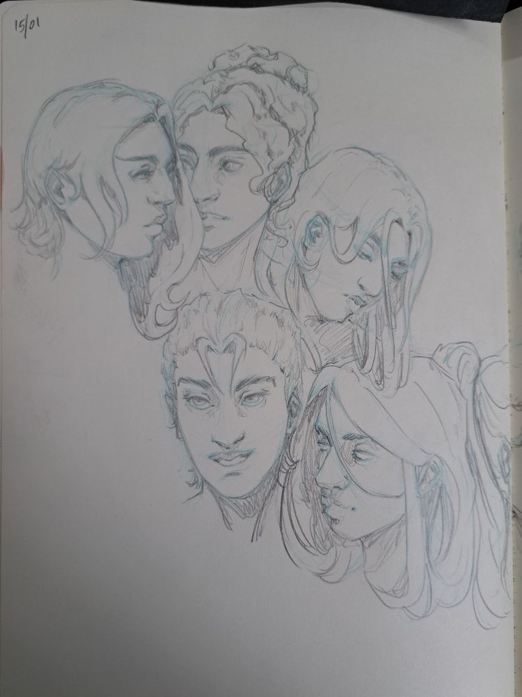 close up of the left hand page. 5 portrait sketches of different people from various angles.