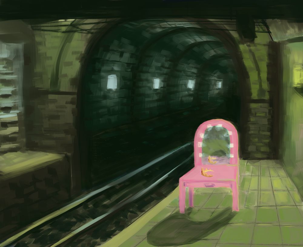A painting of an undergroound train platform mostly in greens with a pink vanity on the platform. The vanity has a gold tiara with red gems on it. 