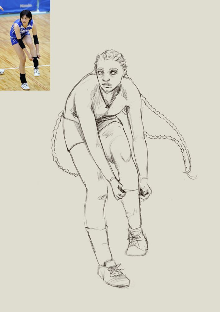 sketch of black girl with long braids in a long sleave shirt and shorts leaning down to pull up her sock. in the top corner is a ref pic of a volleyball player in tthe same pose