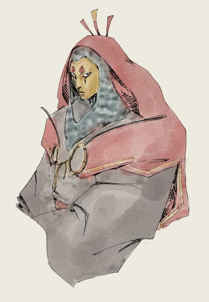 Ink and flat coloured image of Messer, a character with a full face gold mask, large grey robes, chainmail hood, and a red hooded cloak. 