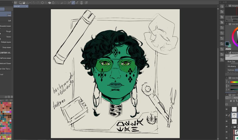 a portrait of a Mirialan on a sort of wanted poster. She has sort curly dark green hair and yelow tinted glasses. She has two long sort of braided strands of hair at the back. On her face are Mirialan tattoos on her forehead and both cheeks. around the frame are skteches of items: a lightsaber, a small gadget, tools, and a rag