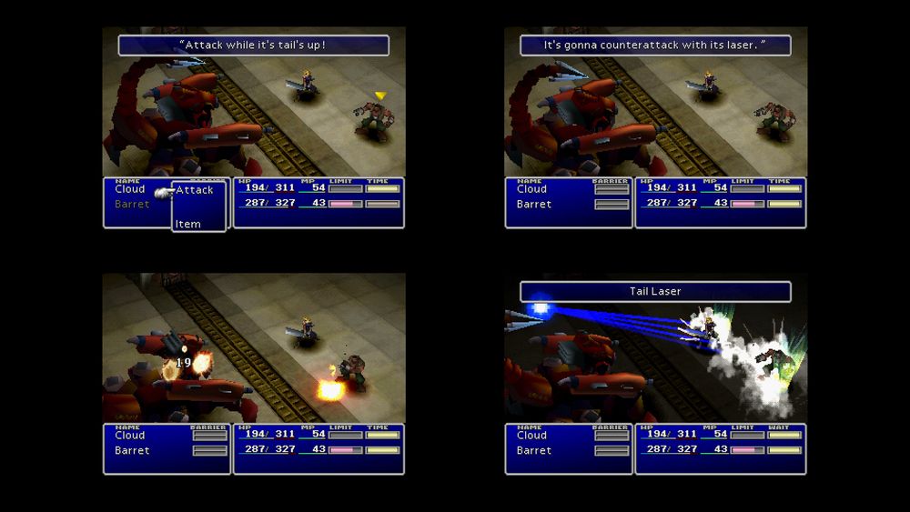 Four screenshots from the fight with Guard Scorpion, the tutorial boss of Final Fantasy VII (1997).
1. Guard Scorpion's tail is raised. Cloud instructs Barret, "Attack while its tail's up!"
2. Cloud continues, "It's gonna counterattack with its laser." Barret's attack has already been queued.
3. Barret attacks Guard Scorpion.
4. Guard Scorpion sure enough counters with Tail Laser, a devastating attack. Thanks, Cloud!