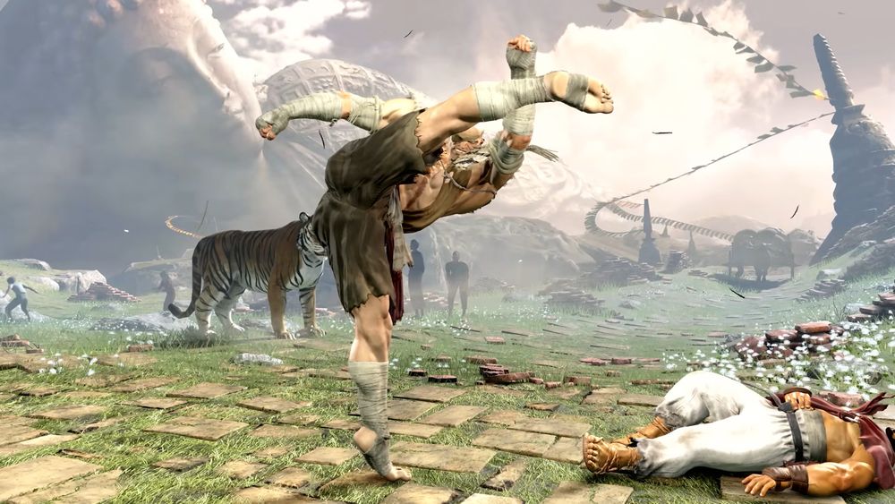 Sagat's win pose from "Street Fighter 6 - Sagat Gameplay Trailer" https://www.youtube.com/watch?v=sBNCSeG391Y
The pose is much the same, except with his leg raised high enough that his face is clearly visible, and his wrist and ankle are "crossing over" in a pleasing way.
