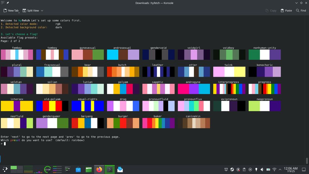 flag selection screen for hyfetch: page 2. Near the bottom of the full page of pride flags, there is an option labelled "burger." Its stripes are as follows: light brown, green, red, dark brown, light brown again.