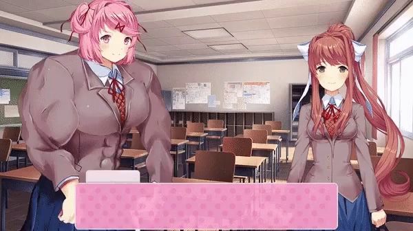 two anime girls are standing next to each other in a classroom with a pink box in the middle .