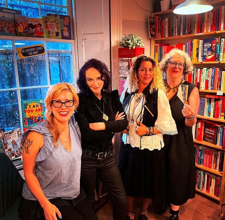 Colour photograph with L to R poets Vik Shirley, Rosie Garland, Janette Ayachi, Jane Goldman