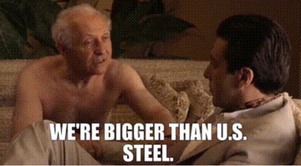 Screenshot from Godfather II of Hyman Roth telling Michael Corleone that their combined syndicate is "bigger than US Steel" 