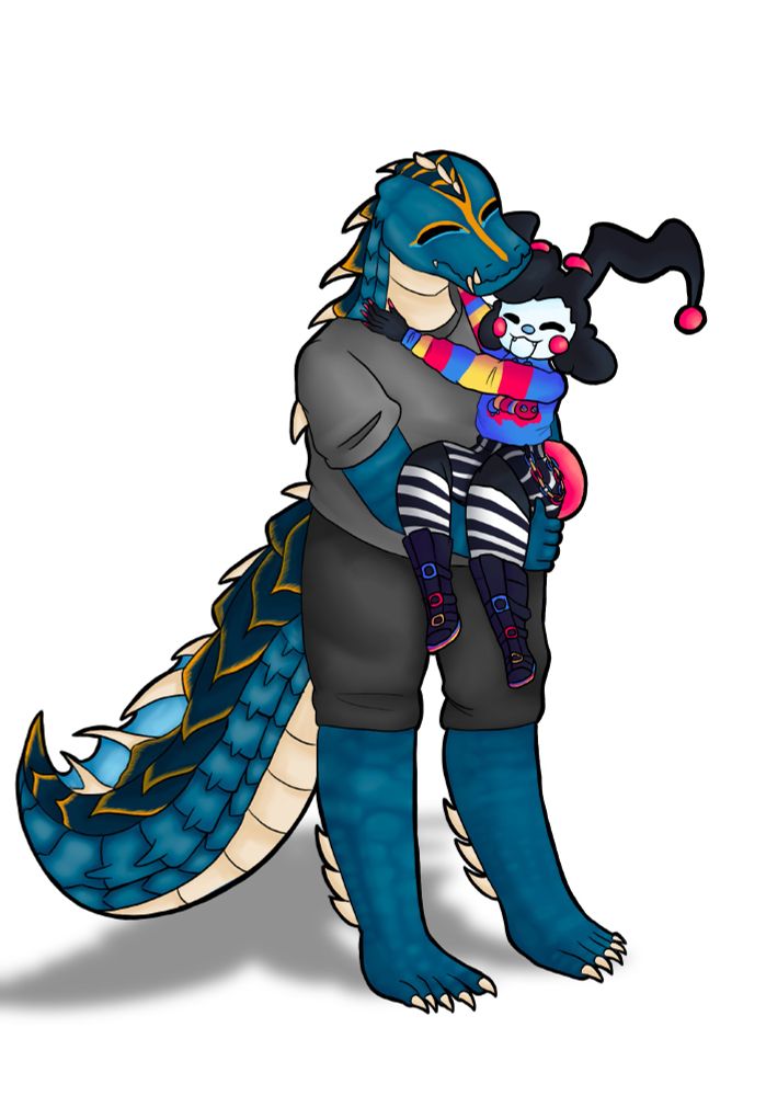 it is a drawing of randomravenart and their boyfriend's sona. being a bunny with puppet features and a crocodile