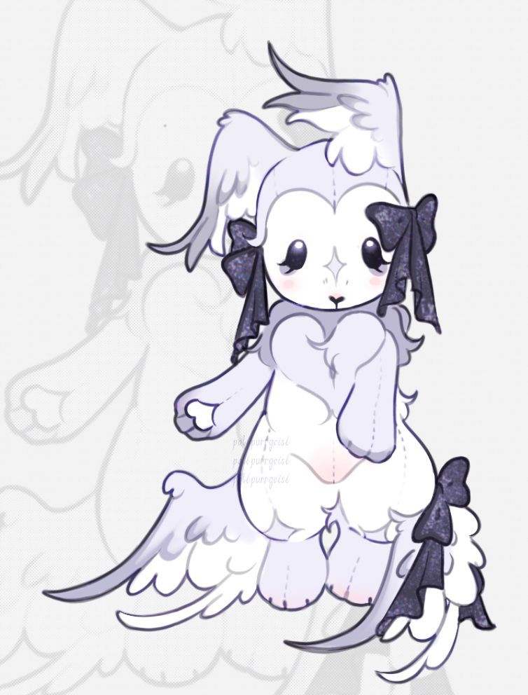 a white bunny plush with wings on it's ears and lower back. it's appearance is based loosely on an arctic hare, and it's adorned with black, glittery ribbons.