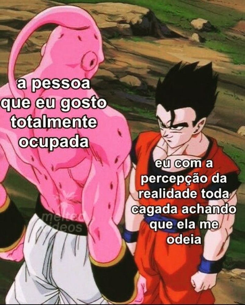 Imagem com o Majinboo, segunda forma, olhando de cima para o Gohan, com os escritos "a pessoa que eu gosto totalmente ocupada". Gohan numa posição inferior, olhando Majinboo de baixo, porém confiante com os dizeres "eu com a percepção da realidade toda cagada achando que ela me odeia".