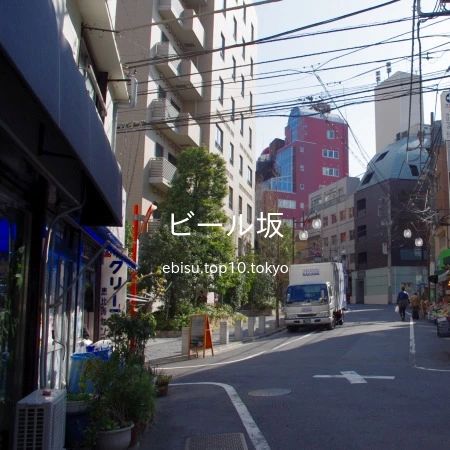 2011 年 2 月 22 日 13 時 37 分に、「恵比寿四丁目交差点」方面を背にして、「ビール坂」を撮影しました。左端には、マンション「プラム恵比寿」(渋谷区恵比寿4-27-18)建設前にあったクリーニング店「恵比寿センター クリーニング店」(渋谷区恵比寿4-27-18 阿部荘)も写っています。