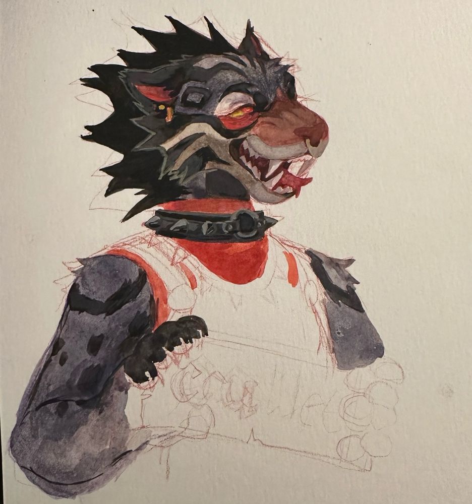 a rough/unfinished watercolor/gouche badge style art of a grey, black, and red clouded leopard with a split tongue and a black spiked color. he has yellow and red eyes. a septum ring and two earrings. his mouth is open in a hiss/snarl. 